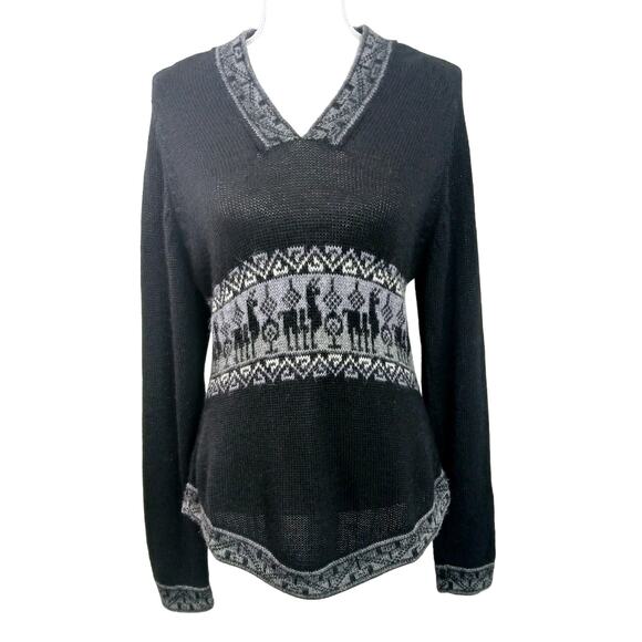 Manos de la Comunidad Peruvian SZ M 100% Baby Alpaca Sweater V Neck Black Gray - Picture 2 of 8